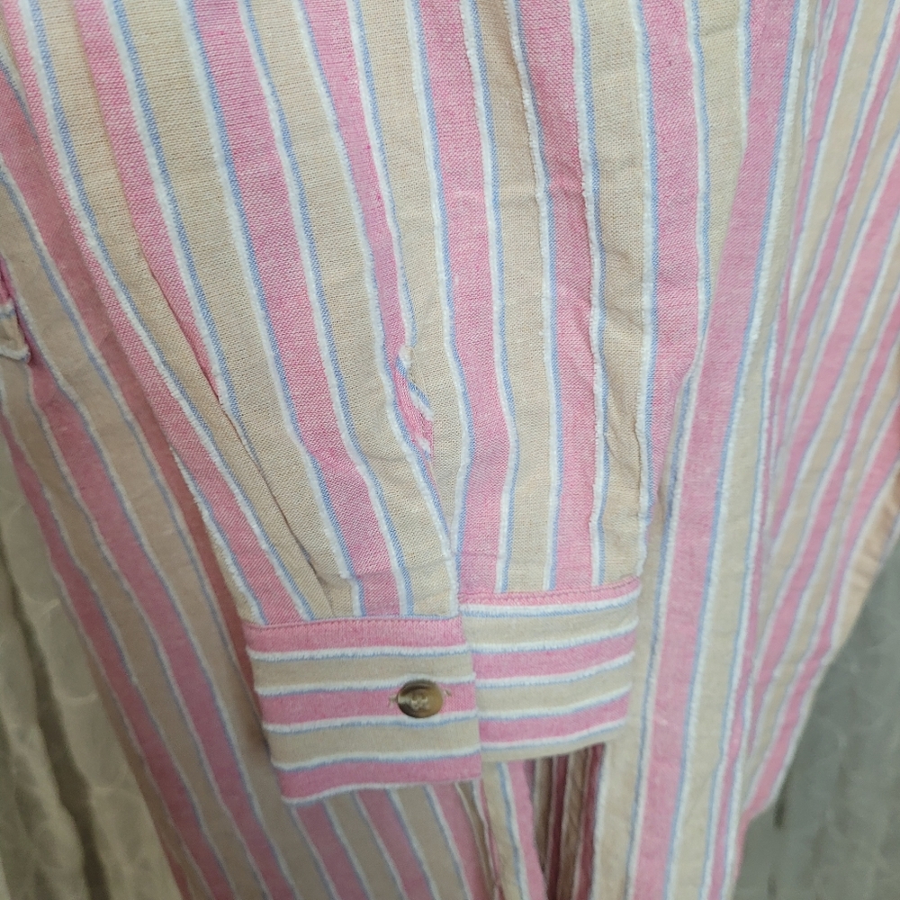 Easel Oversized Pink Blue Striped Textured Long Sleeve Button Up Top Shacket - Picture 6 of 9